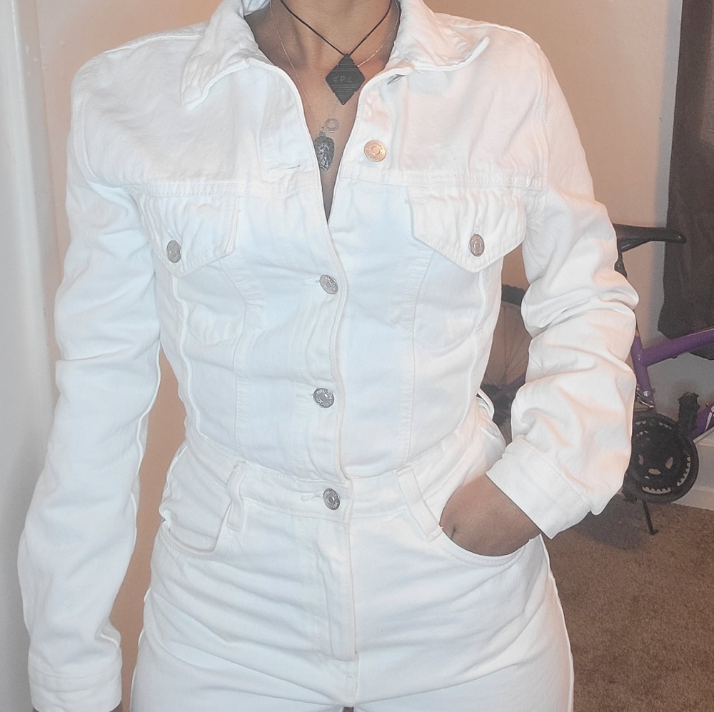 Zara White Denim Jumpsuit
